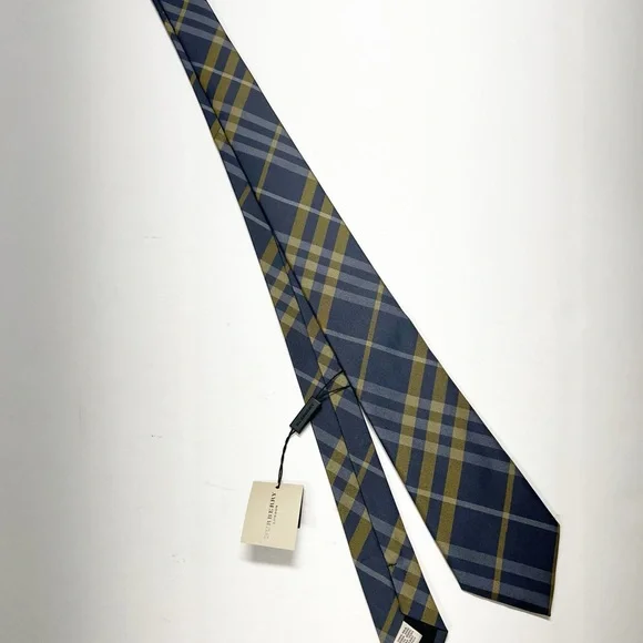 Burberry London Mens Designer Luxury Navy Blue Gold Plaid Silk Tie - Picture 7 of 8